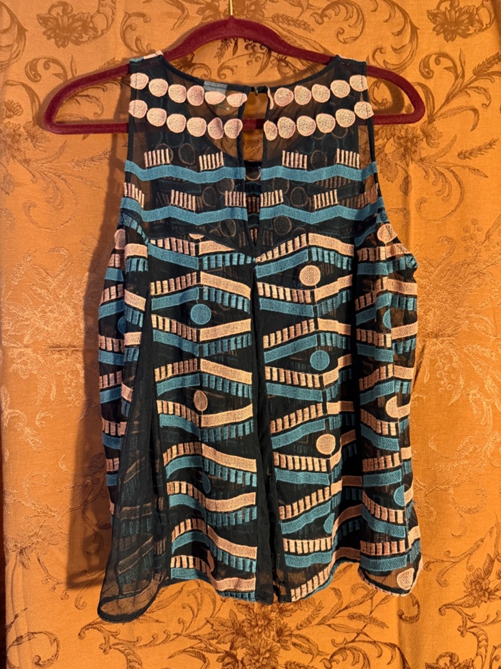 Ademi + Kin Anthropologie Blue Black Orange Tank w/ Embroidered Mesh Overlay SzL - Picture 2 of 10